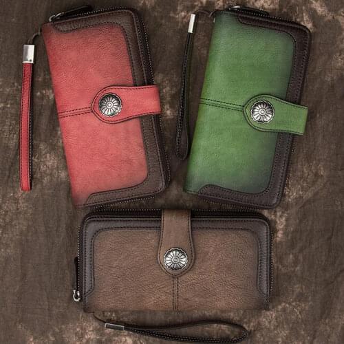 Female Wrist Clutch Money Bags Vintage ID/Credit Cards Holder Handy Bag Multi-Functional Genuine Leather Women Long Purse Wallet