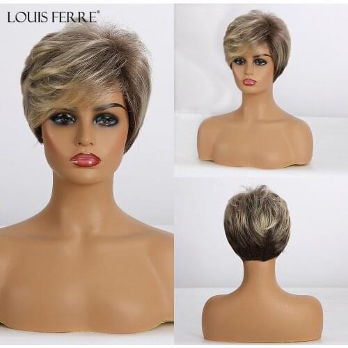 LOUIS FERRE Womens Short Straight wig Pixie Cut Synthetic Wigs Natural Ombre Blonde Brown Black Wigs with Side Bangs Cosplay