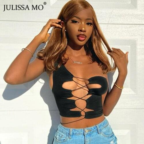 Julissa Mo Hollow Out Bandage Sexy Summer Crop Top Sleeveless Backless One Shoulder Women T-shirt Black Sexy Clubwear Vest Tops