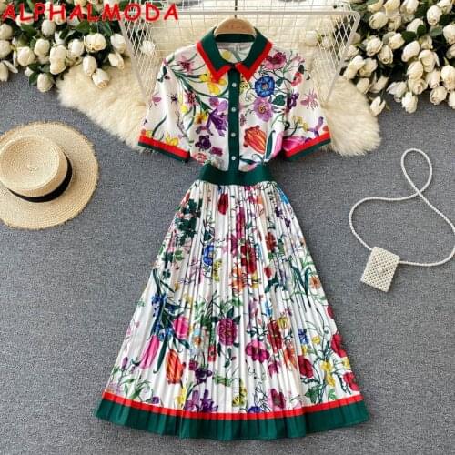 ALPHALMODA Womens 2021 New Celebrity Style Short Sleeve Slim Fit Fashion Printed Pleated Shirt Dress