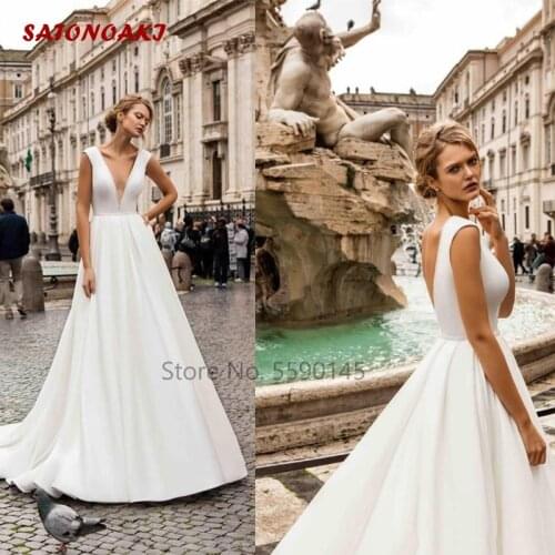 Simple Backless Wedding Dress Deep V-Neck With Cap Sleeves Princess Designer White Ivory Bridal Gown Boho Vestido De Novia