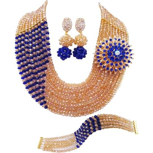 Gold AB Royal Blue African Jewelry Set Nigerian Beaded Necklace Crystal Bridal Party Wedding Jewelry Sets 10JZ04
