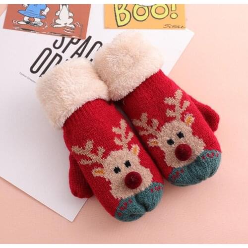 1 Pair Of Christmas Gloves Full Finger Warm Knitted Gloves Hanging Neck Plus Velvet Cartoon Cute Christmas Deer Knitted Gloves