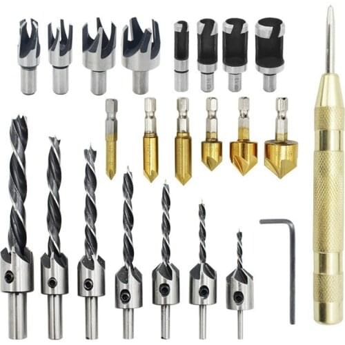 22PC/Set Wood Drill Bit Set Countersink Drill Chamfering Cutter Center Punch Woodworking Hole Cutter Core Drill with L-wrench