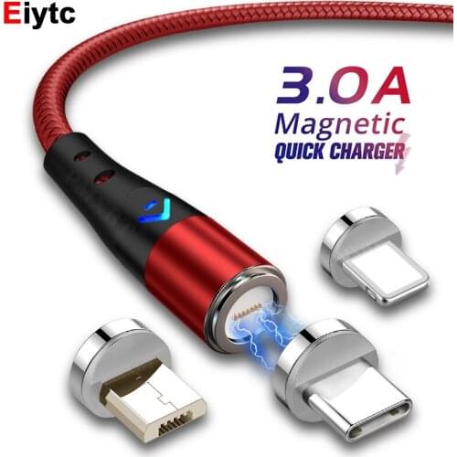 3A Magnetic Type C Micro USB Cable Quick Charge Charger Wire Cable For iPhone 12 Xiaomi Mobile Phone Fast Charging LED Data Cord