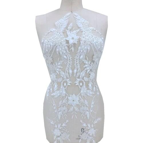 3D Three-dimensional flower sew on rhinestones beads pearl ivory lace applique trim patches 69*28cm for dress accessory