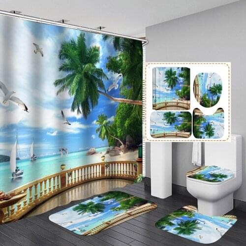 Door Pattern Bathroom Shower Curtain Sets 4pcs Bathroom Accessories Color Toilet Mat Carpet Pad Bathroom