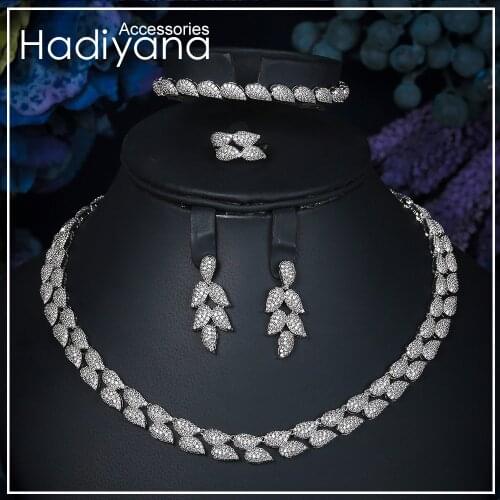 Hadiyana Fashion Leaf Wedding Jewelry Sets Charm Zirconia Women Accessories Necklace Earrings 4pc Set Bridal Jewelry Set CN178