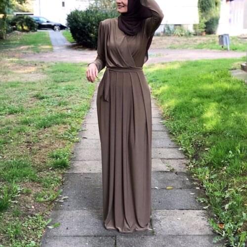 Women Arab Muslim Satin Puff Long Sleeve Maxi Dress Solid Color Self-Tie Abaya Dubai Turkey Hijab Robe Kaftan Djellaba Femme