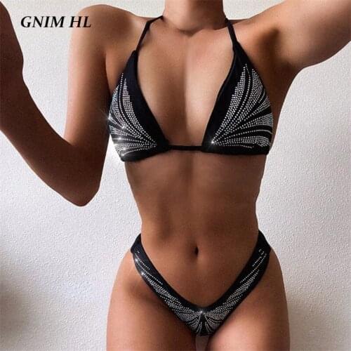 GNIM Sexy Rhinestones Swimwear Women Two Pieces Shiny Bikini Mujer 2020 Bandage Halter Brazilian Swimsuit Beachwear Biquini Set