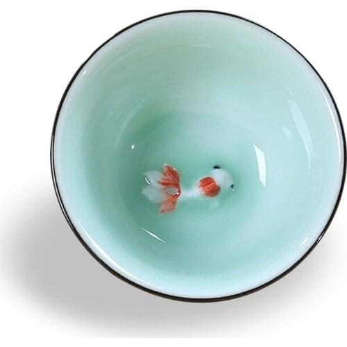 Ceramic Embossed Goldfish Cup Handpainted Teacup Longquan Celadon Ancient Personal Cups
