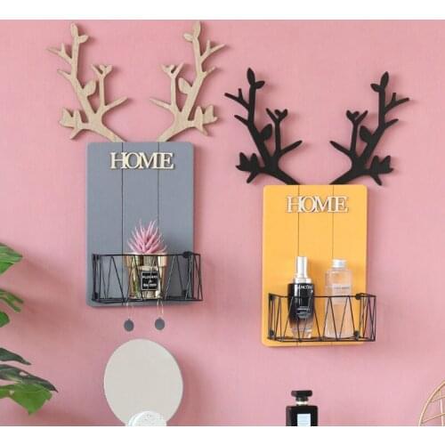 Ynaayu Creative Ins Iron Frame Antlers Wall Shelf Home Living Room Wall Decoration Storage Finishing Iron Grid Hanging Basket