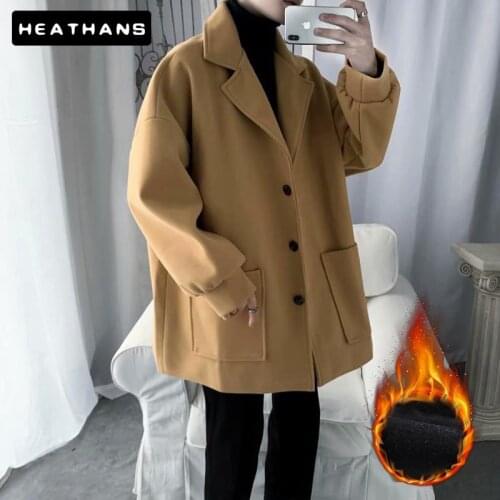 Oversize Mens Plus Fleece Woolen Coats Male Korean Solid Color Winter Tops Black Harajuku Trench Coat Thick Men Jackets Clothes
