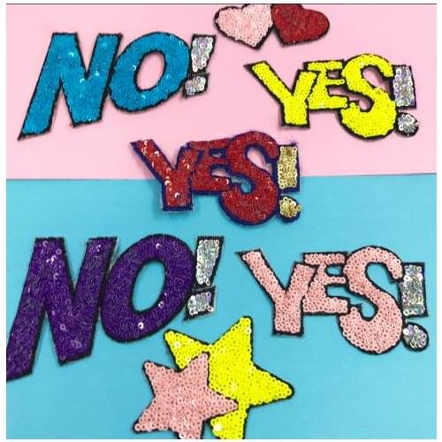 Set of 5 YES/NO Letter Sequin Patches For Childrens Clothing Pants Iron/Sew On Appliques Embroidery Decorative Supplies Crafts