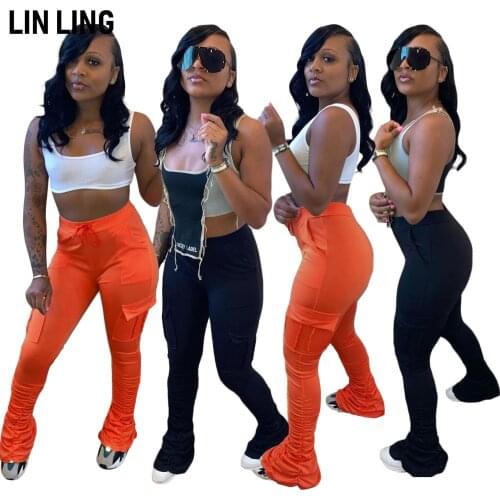 LINLING Solid Color Casual High Waist Bandage Fold Pocket Slim and Versatile Street Fashion Pants