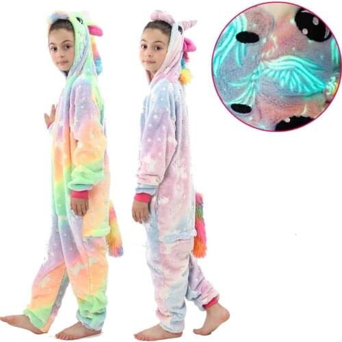 One Piece Hooded Animal Cartoon Kigurumi Pajamas Children Sleepwear Glow in the Dark Unicorn Pajamas Oneises Kids Jumpsuits