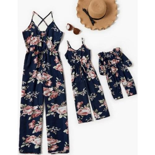 Mom and Daughter Matching Clothes Floral Print Sling Mommy and Me Jumpsuit Baby Girl Romper Mother and Daughter Clothes