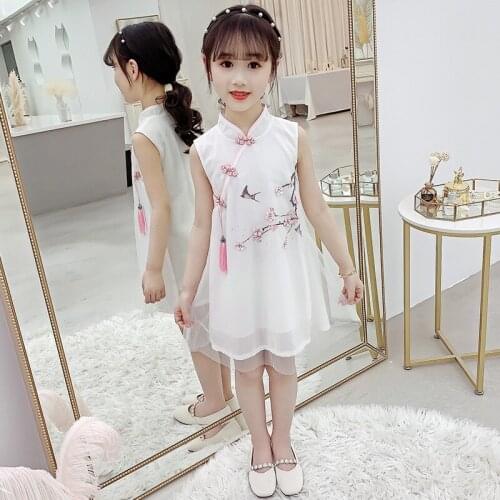 Chinese Style Dress For Girl Pink White Print Sundress Summer Style Cheongsam Kids Traditional Ethnic Qipao Hanfu Clothing