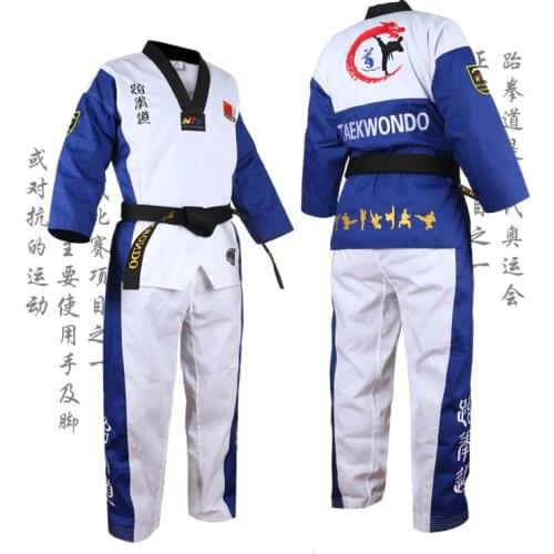Blue Top Quality Colored Adult Male Female Kids taekwondo uniform with embroidery Taekwondo dobok Suit for training clothes