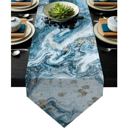 Marble Texture Blue Golden Metal Art Wave Table Runner Table Flag Home Party Decorative Tablecloth Table Runners