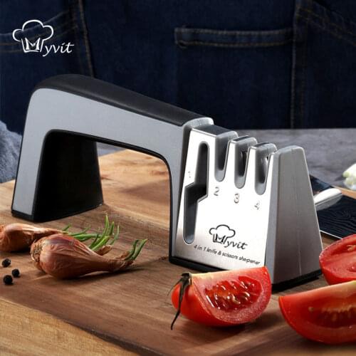 Sharpener Kitchen Knife and Scissor Sharpening Tool with Diamond, Tungsten Steel, Ceramic Stone, Non-Slip Base, 4 in 1 Sharpener