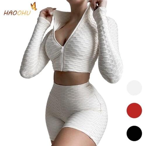Long Sleeve Navel Zipper Stretch Top+Elastic High Waist Skinny Women Sports Shorts 2 Piece Suit Yoga HAOOHU Casual 2021 Fitness