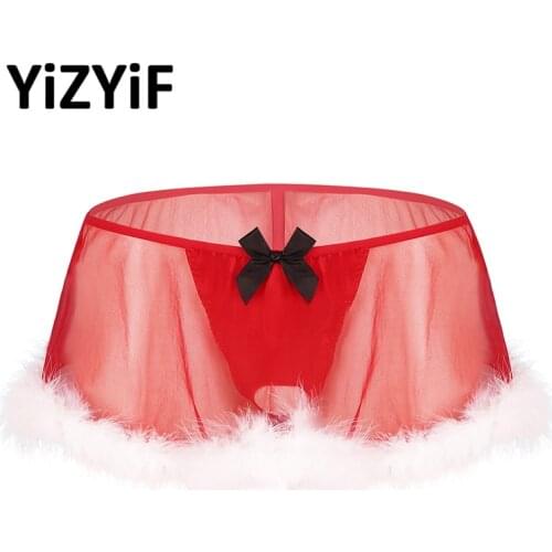 Men Lingerie Sissy Pants Santa Christmas Costume See Through Sheer Elastic Low Rise White Feather Hem G-string Panties Skirt