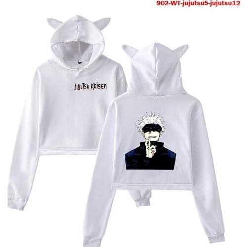 Hip Hop Crop Top Jujutsu Kaisen Hoodies Women Casual Japan Cat Ear Anime Long Sleeve Street Sweatshirt Tracksuit Hoody Harajuku