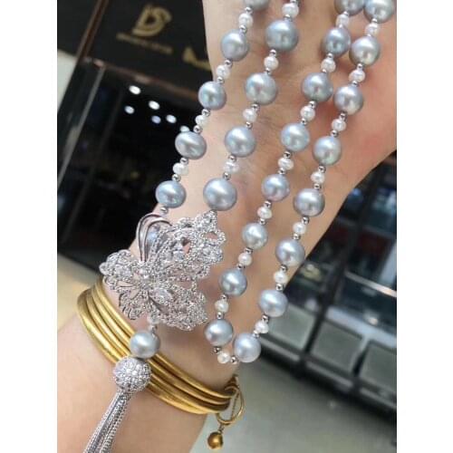 D119 Fine Jewelry Natural Fresh Water Gray Peals Sweaters Chain 4-9mm Necklaces for Women Fine Pearls Necklaces