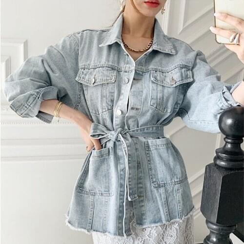 Denim Jacket Women Harajuku Long Sleeve Turn Down Collar Belt Solid Lady Coat Spring 2021 New Vintage Loose Jeans Outwear Femme