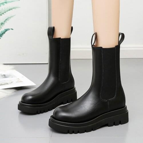 2020 Genuine Leather Women Boots Brand Platform Boots Women Chunky Heel Boots Women Boots Winter Shoes Mid-calf Botas Mujer