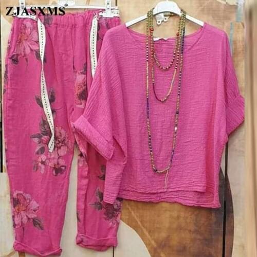 Women Floral Print Cotton Linen Set 2021 Summer Short Sleeve Shirt and Elastic Waist Pants Suits Spring Loose Harajuku Outfits