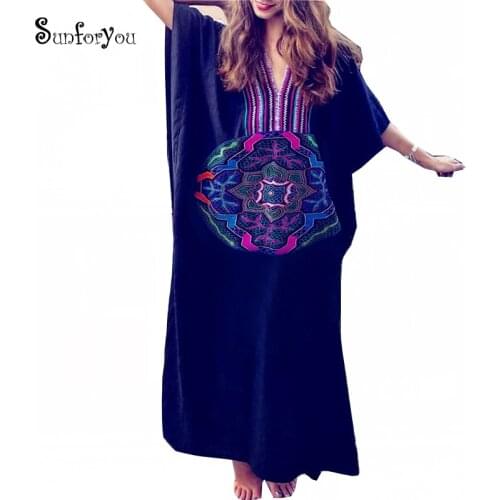 Plus size Black Cotton Beach Dress Cover ups Embroidery Long Bikini Cover up Vestidos Mujer 2021 Robe de Plage Sarong Beachwear