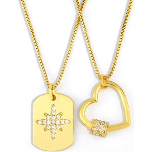 FLOLA Gold Filled Carabiner Lock Heart Necklace For Women Crystal Star Necklace Pendant CZ Zirconia Statement Jewelry nker55