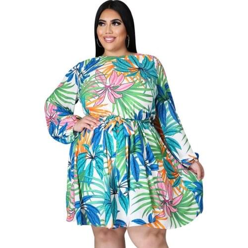 Large Size Dress Summer Women Clothing Loose Big Swing Blue Leaf Print Long Sleeve Plus Size Dress Lady Casual Party Vestidos