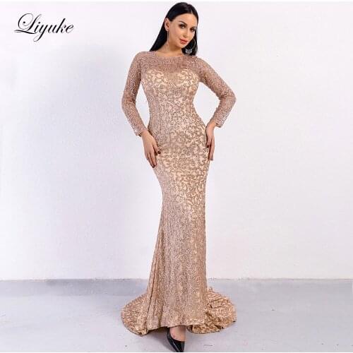 Liyuke Sliver Granule Pattern Mermaid Evening Dress Sparkle Full Sleeve Custom Made Floor-Length Formal Dress