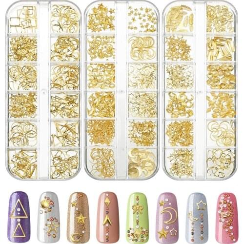 12 Grids Metal Rivet Nail Art Decoration Mix Style Gold Nail Studs Square Oval Nail 3D Strass DIY Charm Decoration