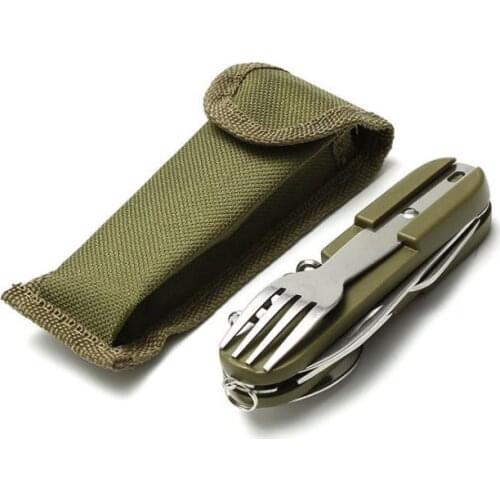 Army Green Folding Portable Stainless Steel Picnic Cutlery Knife Fork Spoon Bottle Opener Flatware Tableware Travel SN1253