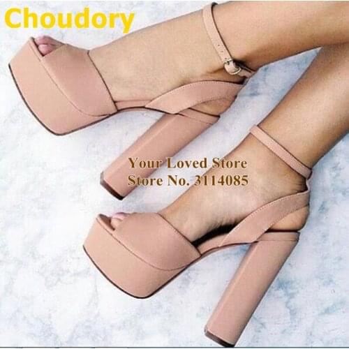 Choudory Nude Chunky Heel Platform Sandals Pink Heels Buckle Strap Sky High Heel Prom Shoes Nightclub Stage Pumps Dropship