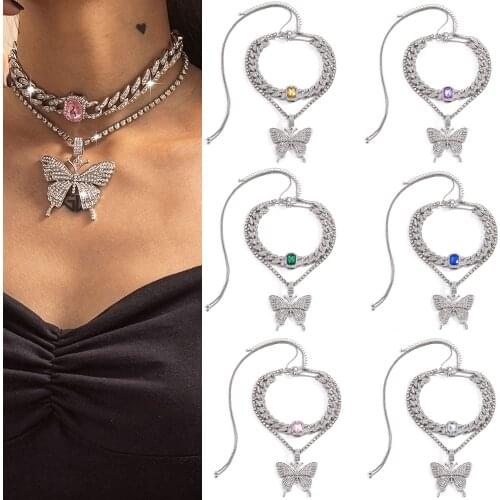 Fashion Jewelry Accessories Rhinestone Chain Artificial Stone Pendant Choker Full Rhinestone Butterfly Pendants Women Necklace