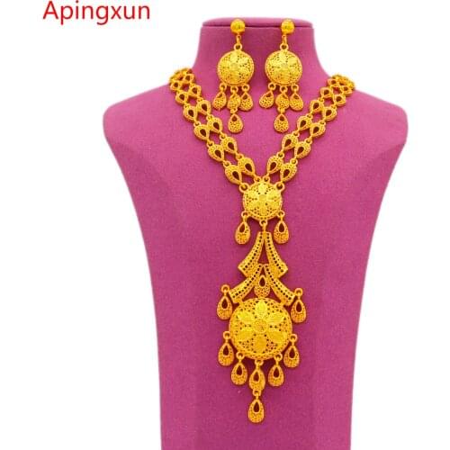 Apingxun Necklace&Earrings Jewelry Set Dubai 24K Gold Color French Women Bridal Wedding Luxury Ornament Arab Indian Party Gifts