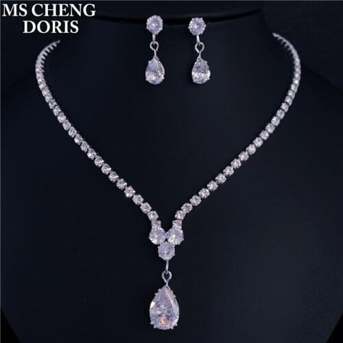 New Design Luxury Zircon Rhinestone Water Drop Shape Necklace Pendant Earrings Set for Women High Quality Party/Jewelry Wedding