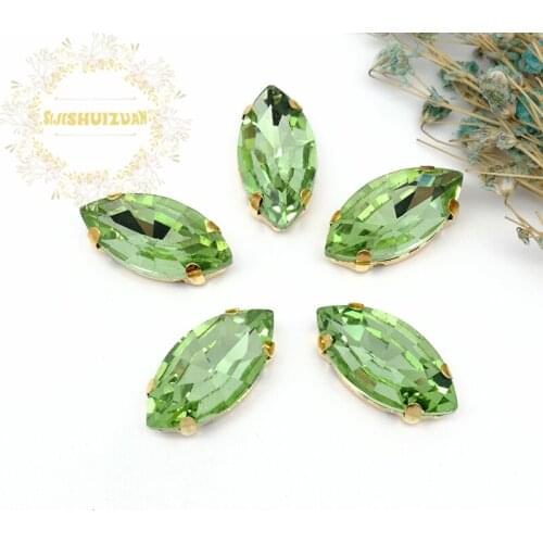 New product Horse eye Light green Crystal Glass Sewing Rhinestones with gold Claw DIY Wedding Dresses