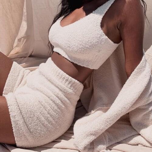 Solid winter Sexy V-neck Slim strap crop top and mini Tight shorts all-match Plush knitting warm two piece sets Womens clothing