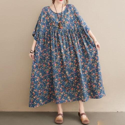One Piece Boho Woman Dress Vintage Batwing Sleeve Cotton Linen Maxi Long Dress Women Large Size 4XL 5XL 6XL Floral Beach Dresses