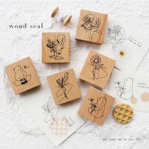 Sunflower Wood Seal Cute Angel Back Ink Seal Hand account Material Diy Decoration Unique Gift Children Toy Seal