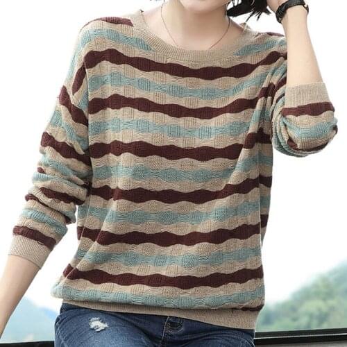 Casual Stripe O-Neck Loose Knitted Pullovers Vintage Spring Long Sleeve Sweaters Plus Size M-6XL Fashion Knitwear Tops Female