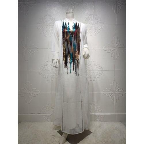 Sequins Embroidered Maxi Dress For Women White New Turkey Arabic Loose Long Sleeve Jalabiya Muslim Islamic Ethnic Abaya 2021 Eid