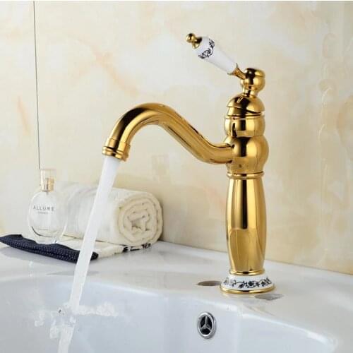 Vidric Basin Faucets Gold/Antique Bronze Solid Brass Bathroom Sink Faucet With Ceramic Single Handle Hole Wash basin Mixer Tap W