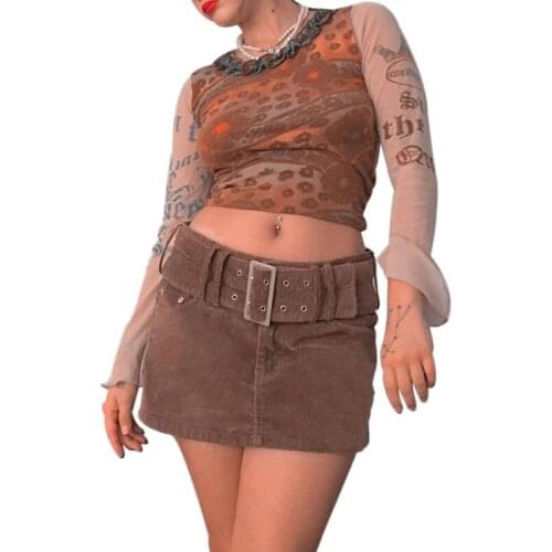 Summer Women Sexy Sheer Mesh Crop Top, Unique Ruffle Trim Round Neck See Through Long Sleeve T Shirts Club Wear